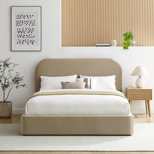 Modway Keynote Modern Queen Bed Frame with Curve Shaped Headboard in Taupe, Upholstered in Performance Velvet, Queen Size Platform Bedain-Resistant Velvet Bed, Soft Cloud Bed Frame