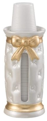 Portabicchieri grande in ceramica elegante bianco perlato e foglia oro coll. fiocco foglia oro