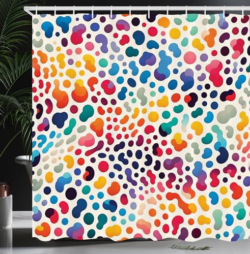 ABAKUHAUS Leopardenmuster Duschvorhang, Modernes und abstraktes Konzept Bunte Punkte mit Inspirationen aus Tierhäuten, Stoffliches Gewebe Badezimmerdekorationsset mit Haken, 175 x 200 cm, Mehrfarbig