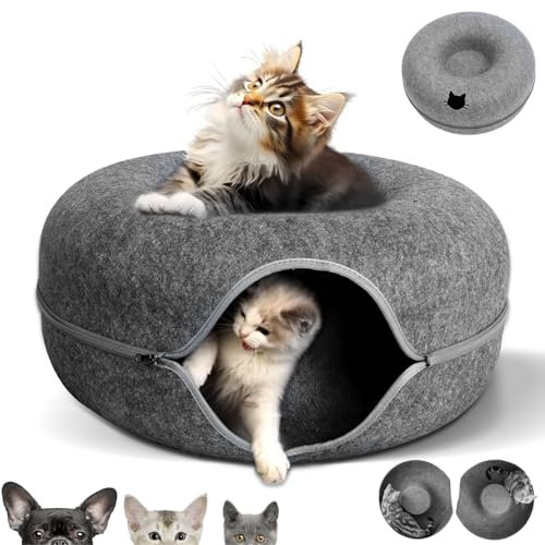 KunpengZen Katzentunnel, Filz Donut Rascheltunnel für Katzen, Katzen Höhle Endlosen Spaß Katzenkorb Katzenkissen 50cm für bis 4kg Kleine Haustiere Kaninchen Kätzchen Welpen-Dunkelgrau