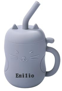 TYRY.HU Tasses avec Paille Nom Personnalisé Enfant Silicone Gobelet d'entraînement pour Bébé avec Poignée Dinky Cup et Tout-petit Tasse Apprentissage Gris