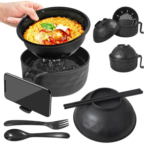 YEINLAN Ramen Cooker, Microwave Ramen Bowl with Chopsticks Spoon Ramen Noodle Bowl Instant Cooking for College Dorm Room Essentials, Dishwasher-Safe, BPA-Free (Black)