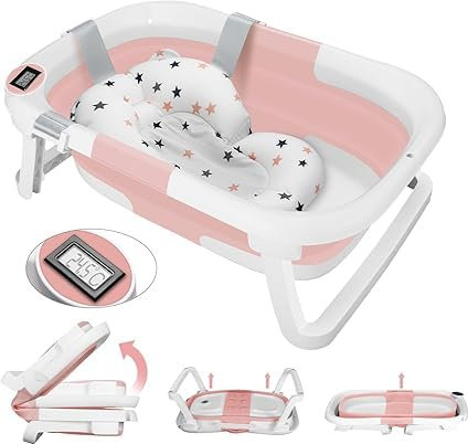 Joyeuse Planet - Baignoire Bébé Pliable avec Coussin de bain et Thermomètre intégré, Ergonomique et peu encombrante, Cadeau de naissance fille ou garçon, Convient Aux Bébés de 0 à 3 ans (Rose)