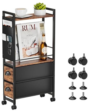 KAZITOO Schmaler Beistelltisch mit Schublade Lagerung, Schlanke Endtische Nachttisch mit Schubladen, Räder, Nachttisch Zeitschriftenregal mit Aufbewahrungstasche für Schlafzimmer Kleine Räume Couch