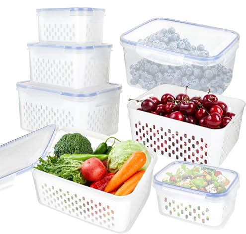YKUKIZEE 3 Pack Fruit Storage Containers for Fridge, Fresh Vegetables Storage Box with Drain Baskets, Clear Salad Fresh Container Fridge with Lids for Refrigerator Freezer Kitchen 0.8 L, 1.7 L, 3.15 L