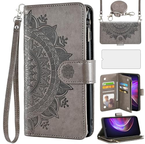 Asuwish Coque pour Vivo V21 5G Portefeuille avec Verre Trempé et Cordon Porte Carte Chaine PU Cuir à Clapet Vitre Protection Protege Ecran Mandala Étui Housse Support V 21 4G Téléphone Case Femme Gris