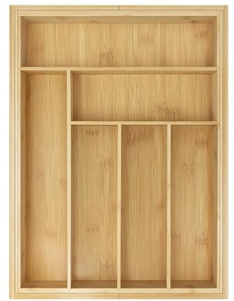 Bamboo Cutlery Tray, 6-8 Compartment Utensil Holder for Kitchen Drawer. Large Extendable Size Organiser for Knife, Forks and Cutlery