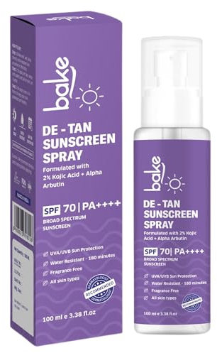 BAKE Spray solaire SPF 70 Pa++++| Imperméable – 180 minutes | Avec 2 % d'acide kojique et alpha-arbutine, résistant à la transpiration | Pour enlever le bronzage, la pigmentation et la protection