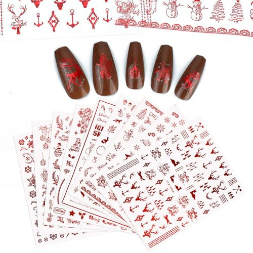 Giantree 9 Sheets Christmas Nail Art Stickers, Winter Snowman Snowflake Elk Nail Art Stickers, Winter Holiday Xmas Nail Art Designs Supplies 3D Nail Self-Adhesive Decals(Red)