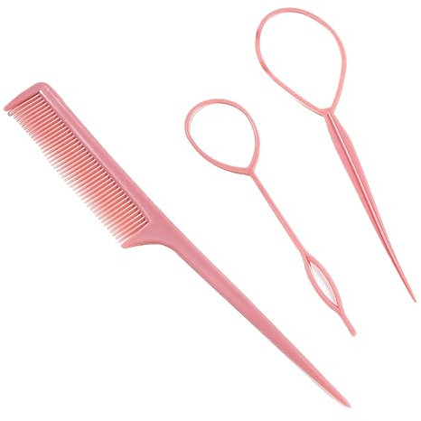 3 Pcs Pink Topsy Tail Hair Styling Accessories - Comb, Pull Through & French Braid Loop Tools for Women & Girls