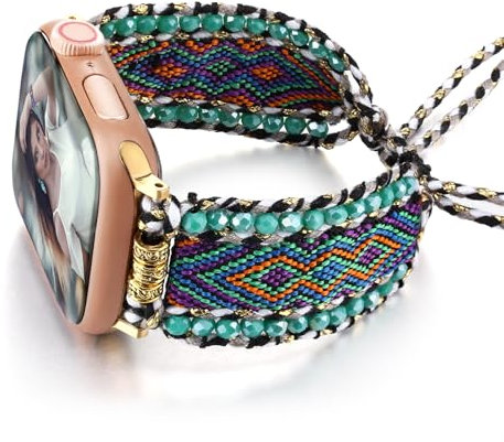 HARAVAL Boho Braided Band Compatible with Apple Watch Band 38mm 40mm 41mm Women, Woven Friendship Bracelet Handmade Beaded Adjustable Strap for iWatch Band SE Ultra 2 Series 10 9 8 7 6 5 4 3 2 1,