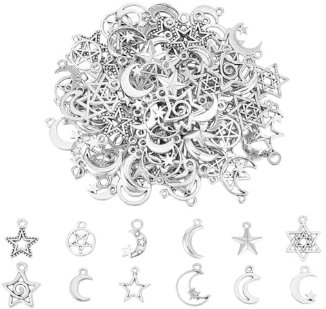 UNICRAFTALE 120 Stück 12 Stile Mond anhänger Tibetischer Stil Antike Silber Pentagramm anhänger Ohrringe Halsketten Armbänder Für Weihnachten