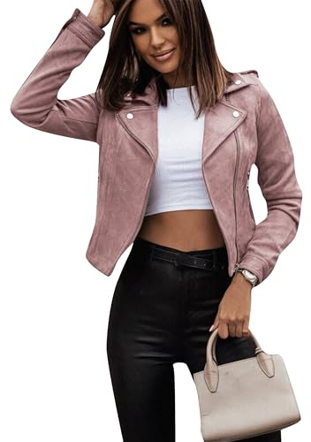 ZICUE Vêtements D'hiver De Couleur Pure Pour Femmes Fermeture Éclair Manteau Court En Faux Cuir À La Mode Légère Rose S