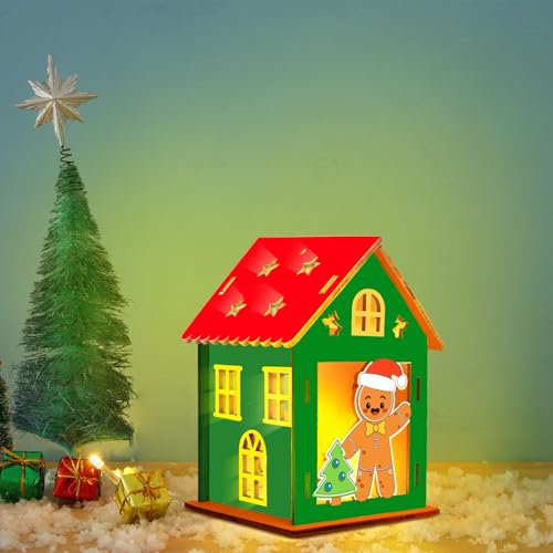 APODESS 7SET LED Teelichthaus Lebkuchenhaus Bastelset Weihnachten Teelichthalter Lebkuchen Bausatz Gingerbread House Teelicht Häuser Haus Holz Weihnachtshaus zur Weihnachtsbaum Hängendsdeko