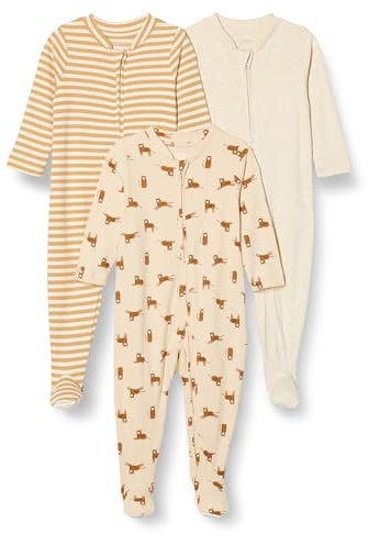 Amazon Essentials Combinaison Pour Jour et Nuit avec Pieds Mixte Bébé, Lot de 3, Avoine Chiné/Rayures/Tigre, 6-9 mois