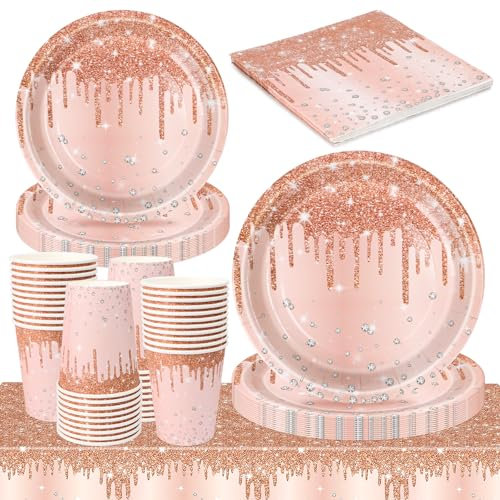 Rose Gold Birthday Decorations, 81PCS Rose Gold Paper Plates ,Birthday Plates and Napkins Sets with Table Cloth for Her Weddings, Picnics Party Tableware Set
