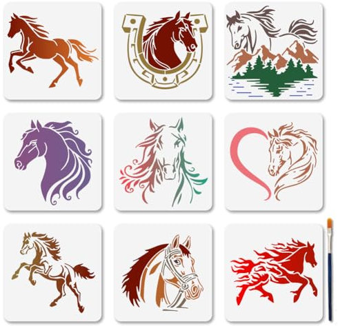 MAYJOYDIY 9 Stück Schablonen In Form Eines Pferdeherzens 15 × 15cm Hufeisenhuf Wiederverwendbare Schablonen Zeichenschablonen Für Tiere Und Natur Mit Pinsel Für Holz Möbel Wände Stoffe Und Leinwand
