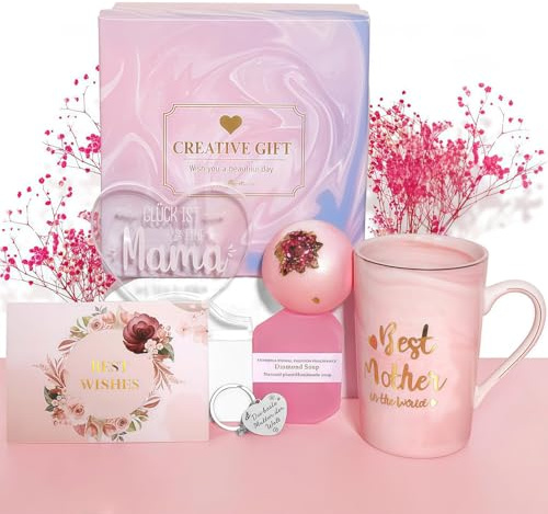 AMOJA Geschenkbox für Mama,Muttertagsgeschenk，Geburtstagsgeschenk für Frauen, 400ml Keramik-Kaffeetasse mit Marmoroptik,Schlüsselanhänger,Grußkarten,Herzförmiges Acryl Heimat.