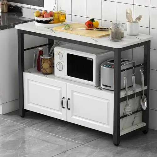 Industrial Microwave Stand with Large Worktop Oven Rack and Storage Cabinet Coffee Bar Table with 3 Hooks