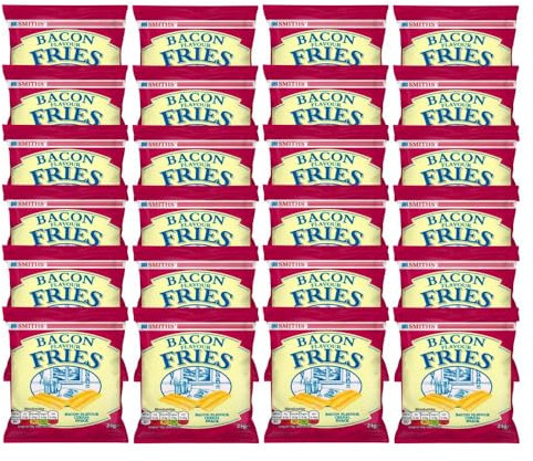 Smiths Bacon Flavour Fries 27g x 24 – Classic Savoury Pub Snack – Plant Based Smoky Bacon-Flavoured Crisps - Multipack Cereal Chips with Welari Thank You Card | (24 Pack)