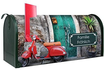 banjado® Amerikanischer Briefkasten - US Mailbox/Letterbox mit Motiv Italienischer Roller 51x22x17cm - Postkasten Stahl aus Amerika – Briefkasten amerikanisch grün pulverbeschichtet
