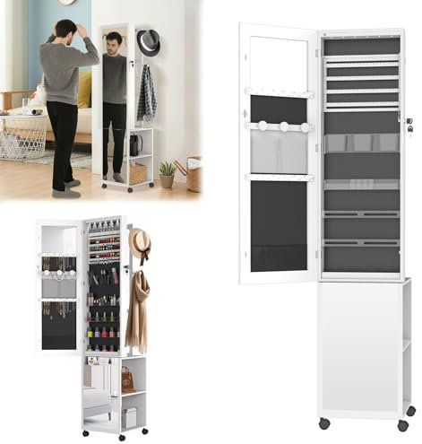 UISEBRT Spiegel Schmuckschrank Schmuckaufbewahrung mit LED-Leuchten und Sicherheitsschloss 3-in-1 Stehendes Spiegelschrank mit Rädern und Ablagen 36 x 40 x 170 cm Weiß