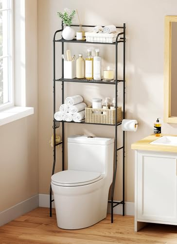 Turosur 3-Tier Over Toilet Storage Unit, Bathroom Storage Shelves with 3 Hooks & Toilet Paper, Freestanding Space-Saving Toilet Storage Rack for Bathrooms & Laundry Rooms(Black)