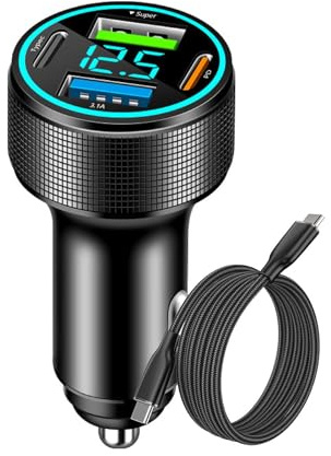 78W 4‑Port Cigarette Lighter USB Car Charger Adapter with Voltmeter, Metal Dual USB‑C & USB‑A Fast Car Charger 12V/24V, for iPhone and Android Smartphones