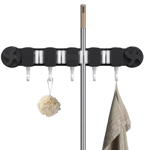 Mop Holder Wall Mount | Suction Cup Wall Mop Organizer Stand,Space Saving Cleaning Supplies Rack for Garden Tool Commercial Industrial Apartment Household Rag Shovel