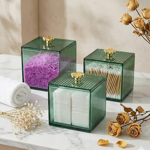 Lucywey 3 Pieces Supports Carrés Verts Pour Cotons-Tiges, 10*8cm Distributeur De Cotons-Tiges pour Cotons-Tiges Ronds/Fil Dentaire/Éponge De