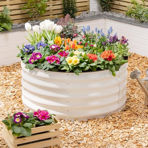 CHRISTOW Circular Raised Garden Bed – 90cm x 45cm, Cream Galvanised Steel Planter, Open Base for Drainage, Outdoor Grow Bed for Plants, Flowers & Vegetables, Protective Rubber Rim