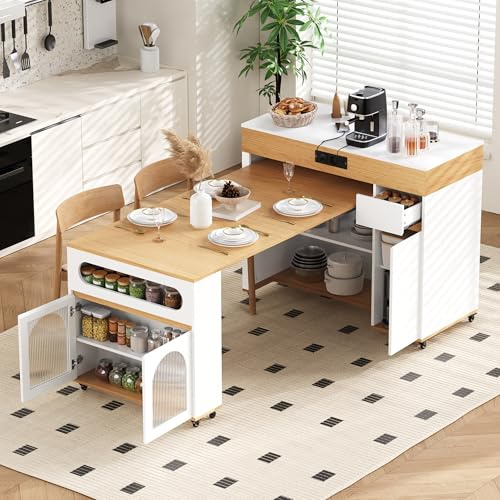 Bladez Kücheninsel mit Rollen und Steckdosenleisten, Ausziehbarer Esstisch mit Abnehmbarer Tischplatte, Bartisch mit Stauraum Schubladen, Sideboard für Küche und Esszimmer (Weiß-F)