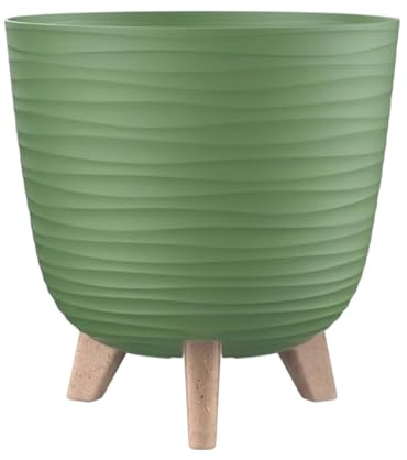 Engelland - Blumentopf mit Füßen & Bewässerungssystem, Pflanzkübel, Übertopf, Moos-Grün, Rund, Ø 20 cm, Wellenmuster, Innen- & Außenbereich, Drainagesystem & Wasserspeicher, Kunststoff
