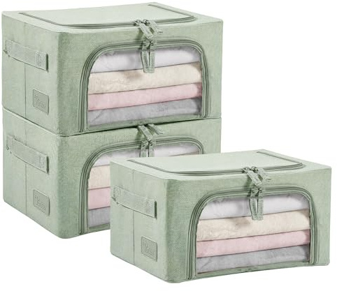 Periea Beau 3 Pack Storage Boxes 11L (30x23.5x16cm) – Collapsible Stackable Fabric Organisers Storage Bags with Steel Frame, Front Window & Top/Front Zip Access – (Sage Linen)