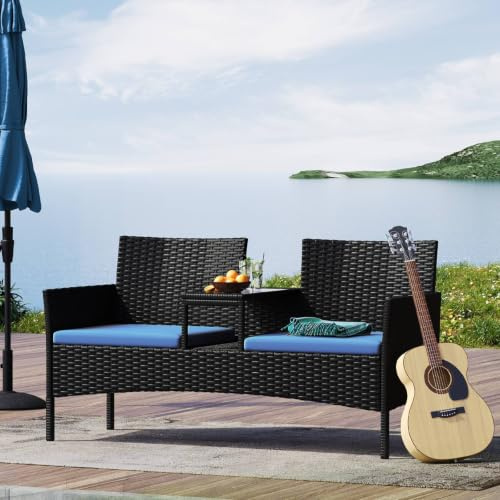 Aoxun Rattan-Gartenstuhl, 2-Sitzer-Loveseat, Terrassen-Sitzgarnitur mit Ablagetisch und wasserdichter Schutzhülle, platzsparende Sitzgelegenheit für kleine Gärten, Balkone und Terrassen (Blau)