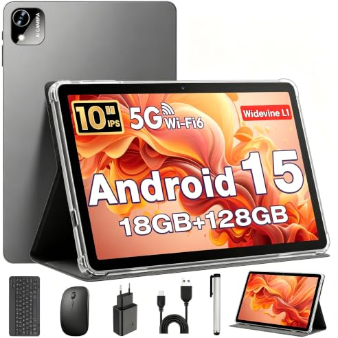 Tablet 10 Pollici, Tablet Android 15 con Cover, Mouse & Tastiera, Octa-Core, 18 GB RAM + 128 GB ROM+ 1 TB TF, Display IPS HD 1280x800, Fotocamera Doppia, 6000 mAh, WiFi 6, Widevine L1, GPS (Nero)