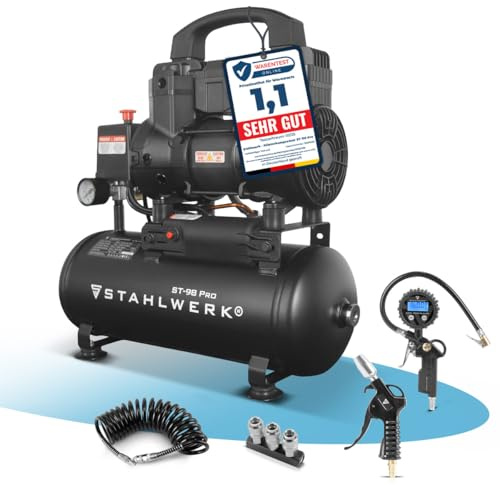 STAHLWERK Kompressor mit 9 L Tank (ST-98 Pro) – mit Zubehör – ölfrei & leise, 8 bar, 1,22 PS (0,9 kW), 170 l/min, 65 dB, Druckluftkompressor mit Brushless-Motoren, Silent-Kompressor, Flüsterkompressor