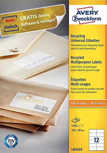 AVERY Zweckform LR3424 Recycling Etiketten (1.200 Adressaufkleber, 105x48mm auf A4, 100% recyceltes Altpapier, bedruckbare Adressetiketten, selbstklebende Klebeetiketten) 100 Blatt, naturweiß