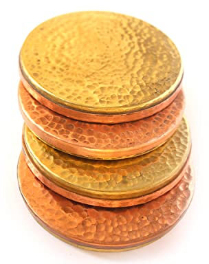 De Kulture Handmade Pure Copper & Brass Elegant Reversible Coaster Set, | Ideal for Table Kitchen Rustic Bar Decoration, 3 (D) Inches, Set of 4