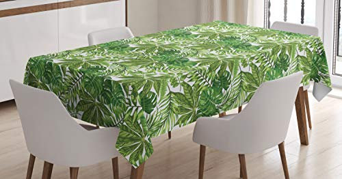 ABAKUHAUS Palmblatt Tischdecke, Dschungel-Laub-Eco, Personalisierter Druck mit Klaren Farben Waschbar Wasserfest kein Verblassen, 140 x 200 cm, Olivengrün Weiß