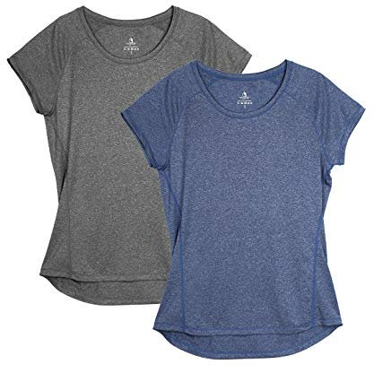 icyzone T-Shirts de Sport Femme à Manche Courtes Tops de Course à Pied Fitness Jogging Tee Shirts, Lot de 2 (S, Gris Foncé/Bleu)