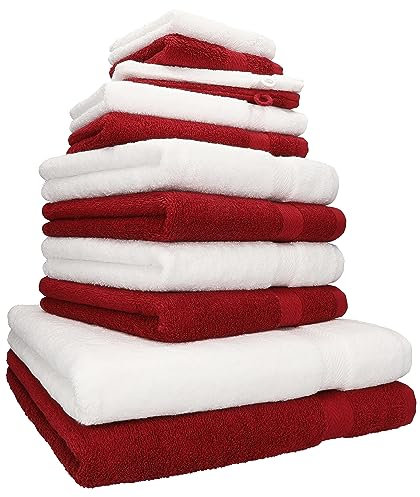 Betz 12-TLG. Handtuch Set Premium 100% Baumwolle 2 Duschtücher 4 Handtücher 2 Gästetücher 2 Seiftücher 2 Waschhandschuhe Farbe weiß/rubinrot