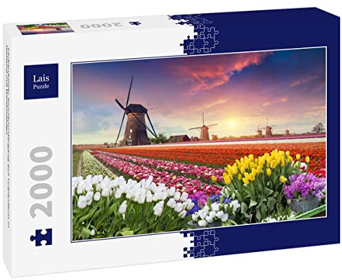 Lais Puzzle Farbenfroher Sonnenuntergang auf Tulpenfarm in Holland mit Windmühlen 2000 Teile