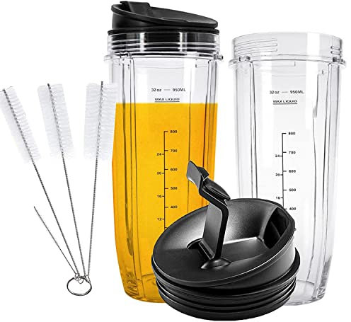 Blender Replacement Parts for Ninja Blender-32 OZ Cups with Flip Top to-go Lid Compatible with Nutri Ninja BL450 BL454 BL456 BL480 BL481 BL482 BL490 BL640 BL642 BL682