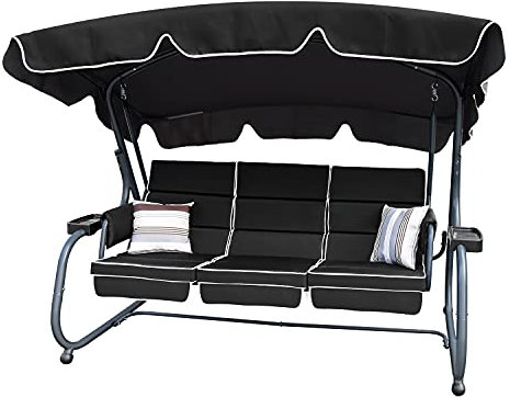RANSENERS Luxus Hollywoodschaukel für 3 Personen mit Liegefunktion - Gartenschaukel bis 320kg Belastbar, Verstellbares Sonnendach - Schwarz.