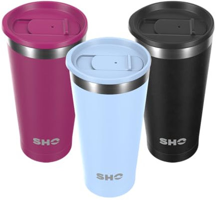 SHO Calix - Insulated Stainless Steel Coffee Cup, Travel Mug & Tumbler - Splash Proof - 500ml - 6 Hours Hot & 12 Hours Cold - Reusable, BPA Free, Thermal Vacuum Flask (Pastel Blue, 500ml)