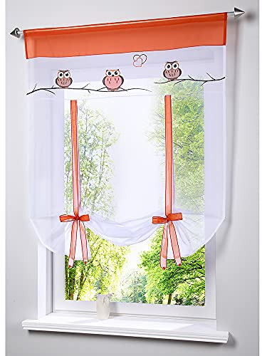 Smithoom 1 Stück Raffrollo für Küche Voile Sheer Vorhang Stangentasche mit Eule bestickt für Kinder Schlafzimmer Wohnzimmer Balkon Kleine Fensterdekoration Orange 80x120cm