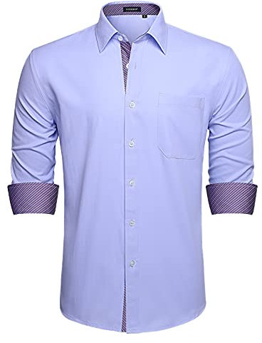 HISDERN Camicia Elegante Uomo Regular Fit Button Down Camicie Viola Lungo Sheve con Taschino 2XL