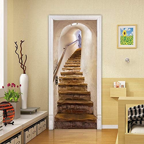 Xxellie Wohnzimmer Türtapete Wandbilder Retro Treppe Gebäude 90X200Cm Abnehmbar Wandtapete Wohnzimmer Pvc Wasserdichte Wandwandaufkleber