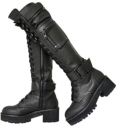 Botas de plataforma de combate con hebilla para mujer - Tacón bloque con cordones Motocicleta Botas hasta la rodilla con bolsillo oculto - Botas militares (Black, 40 EU)